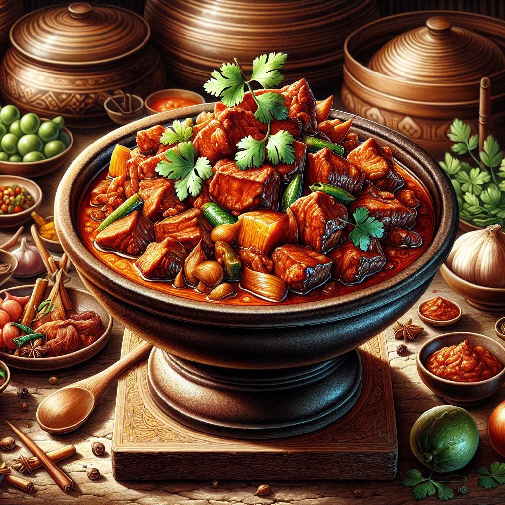 Kaeng Hung Ley pork curry garnished with fresh coriander and served with rice