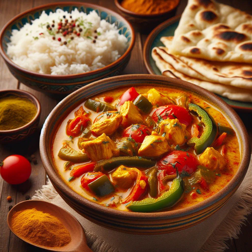 A bowl of Kaeng Khilek curry with cassia leaves in coconut milk, garnished with fresh coriander