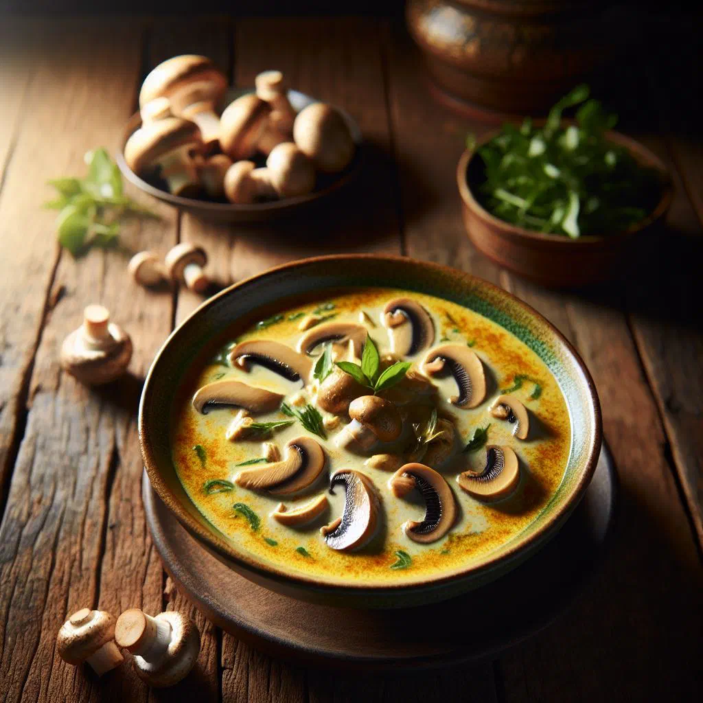 Thai mushroom soup garnished with fresh coriander in a deep bowl