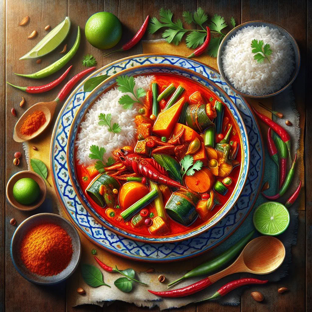 Kaeng Par Thai curry with vegetables and fresh herbs in a bowl