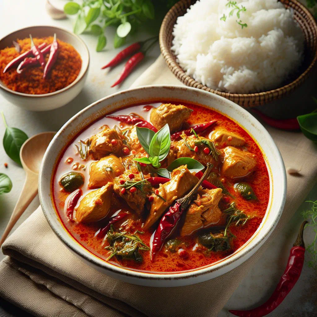 Thai red curry kaeng ped with chicken, peppers and fresh basil