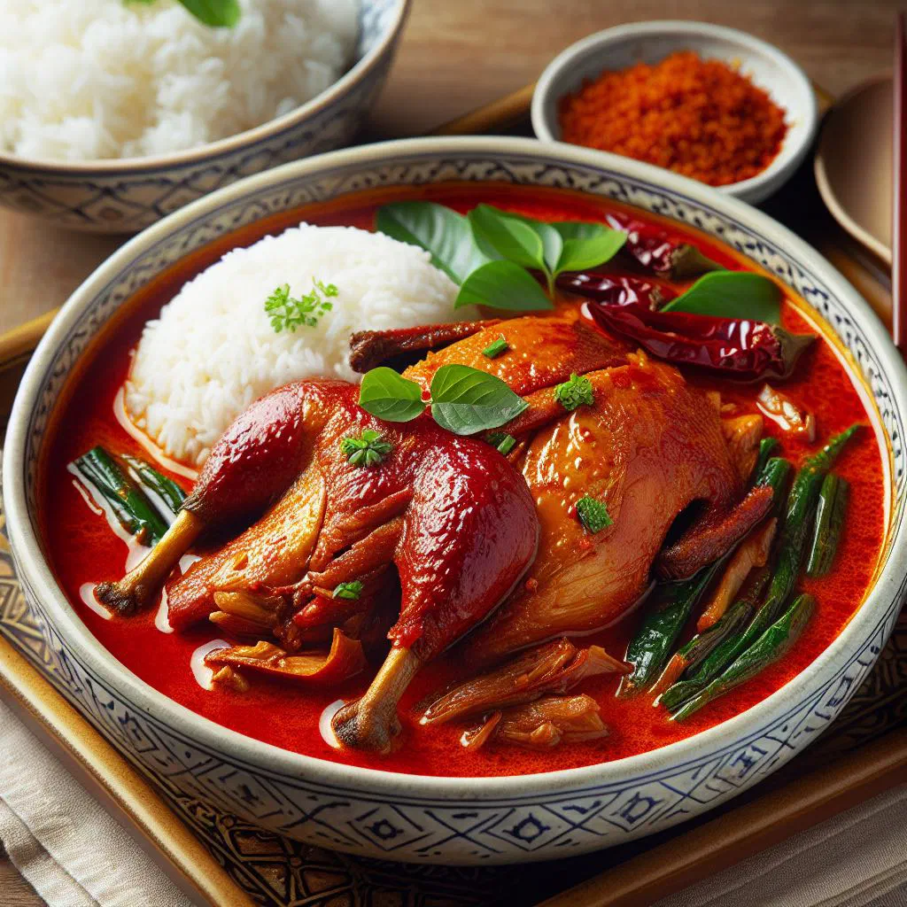 Thai roast duck red curry with coconut milk, basil and sliced red chilli