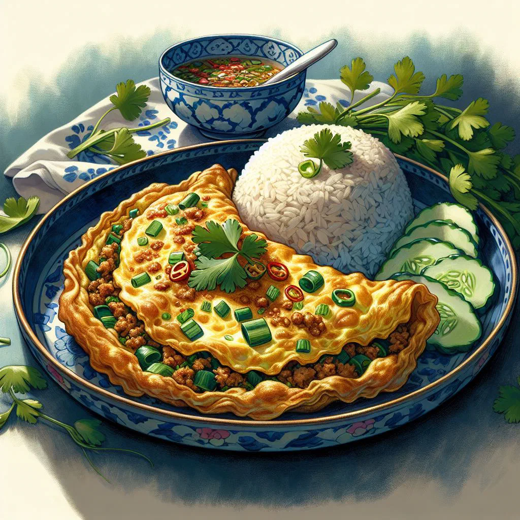 Golden Thai pork omelette garnished with fresh coriander and spring onions