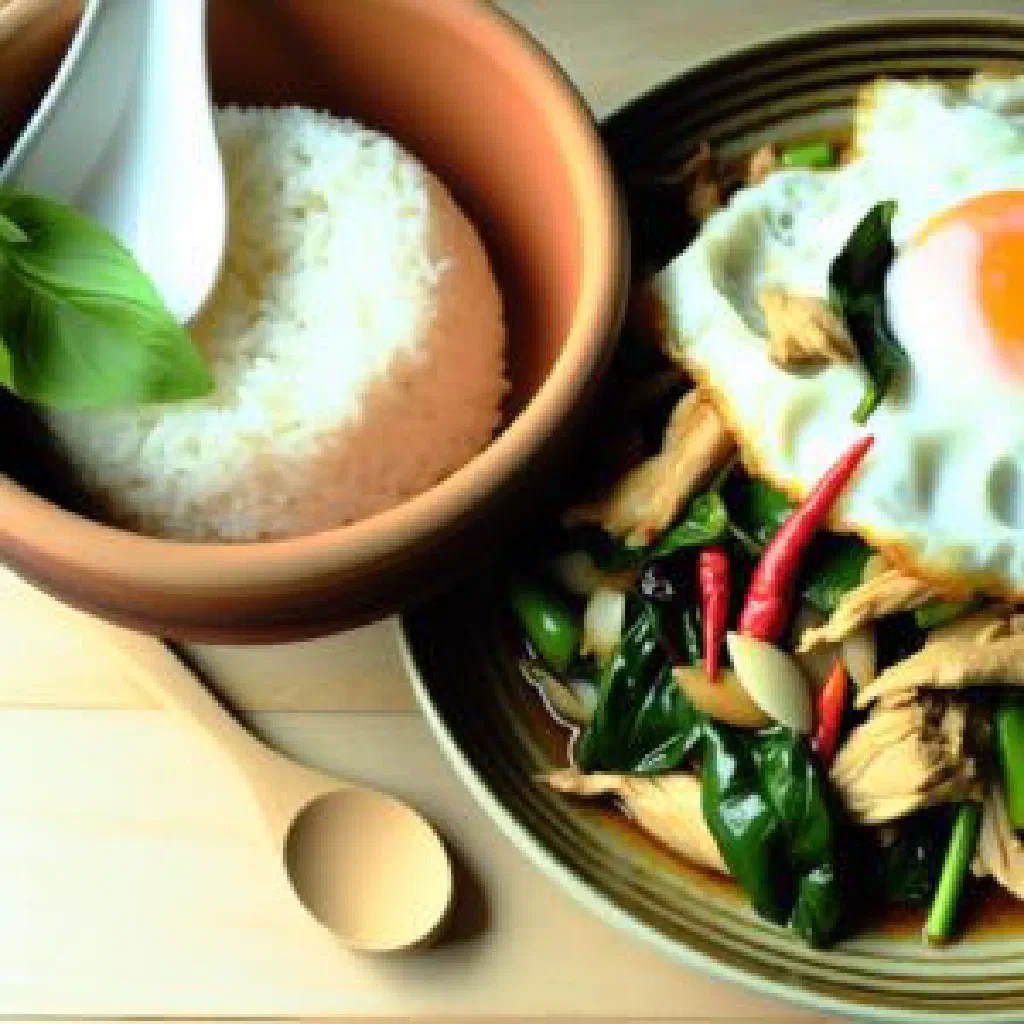 Kai krapow stir-fried minced chicken with Thai basil served over jasmine rice