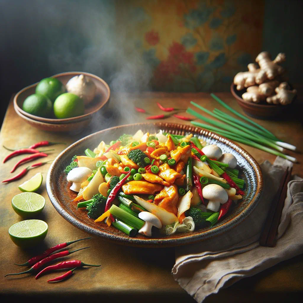 Kai pad khing chicken and ginger stir-fry garnished with fresh coriander