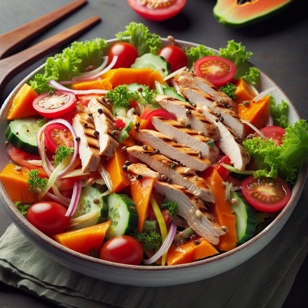 Grilled chicken served with spicy green papaya salad and peanuts