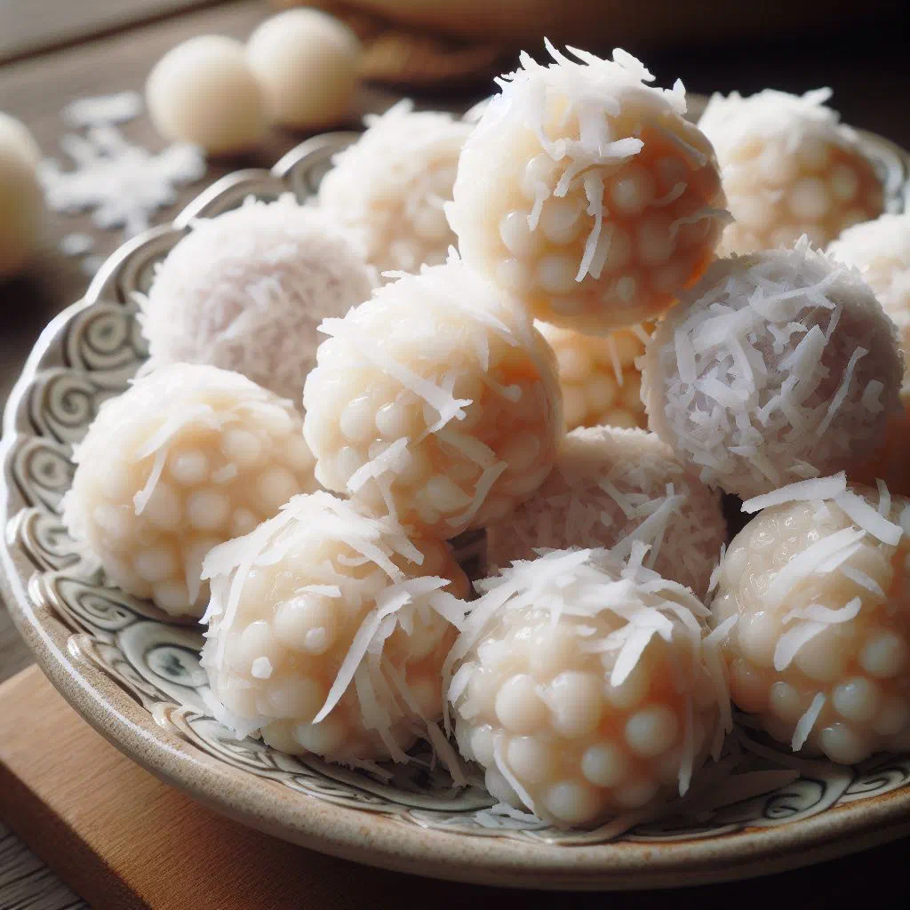 Kanom Tom sticky rice dumplings filled with coconut, rolled in grated coconut