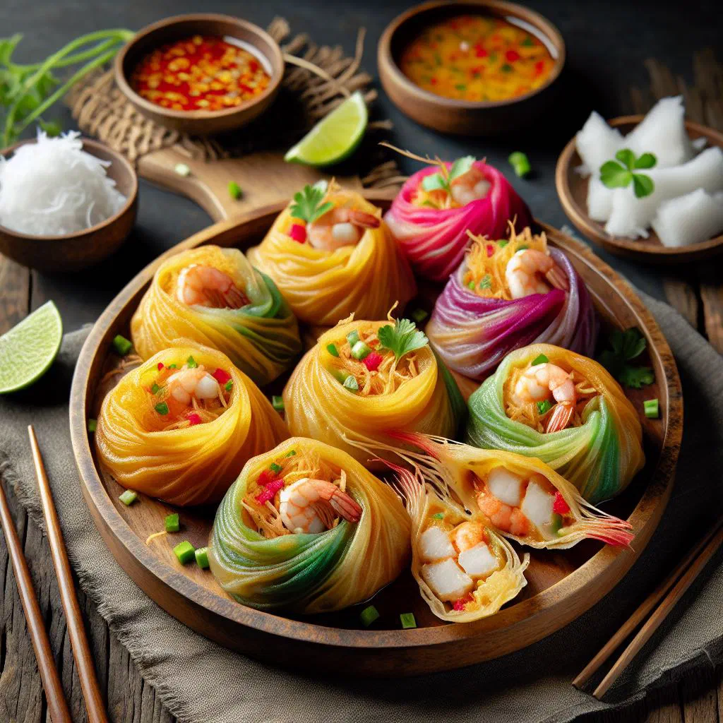 Crispy Khanom Buang Yuan pancakes topped with coconut and colourful fruit