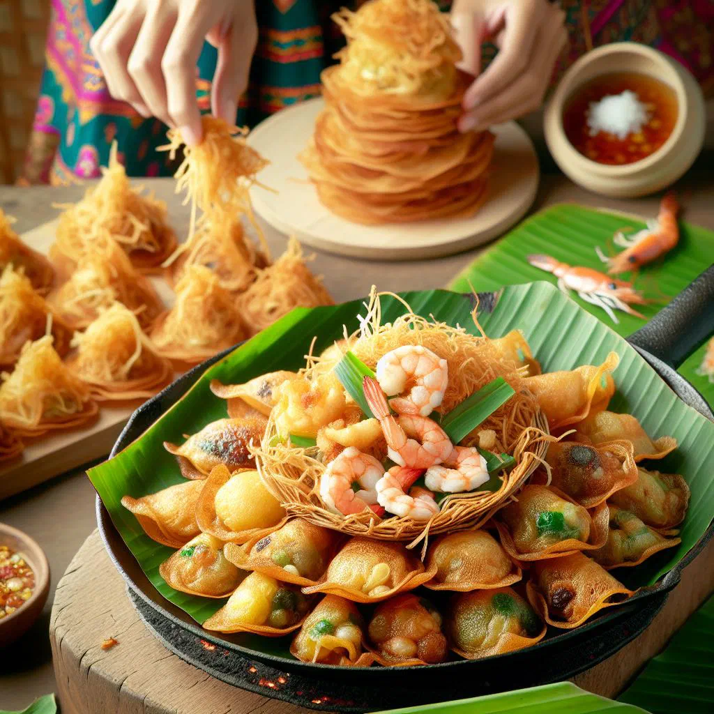 Crispy Thai rice crepes filled with coconut, served on a plate