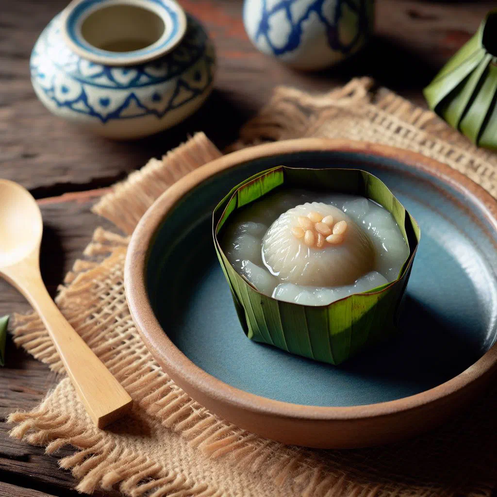 Golden steamed Khanom Farang Kudi Chin coconut rice cakes on a plate
