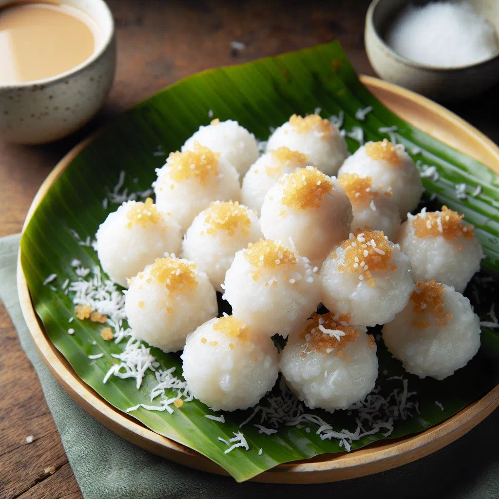 Steamed sticky rice and coconut parcels wrapped in banana leaf