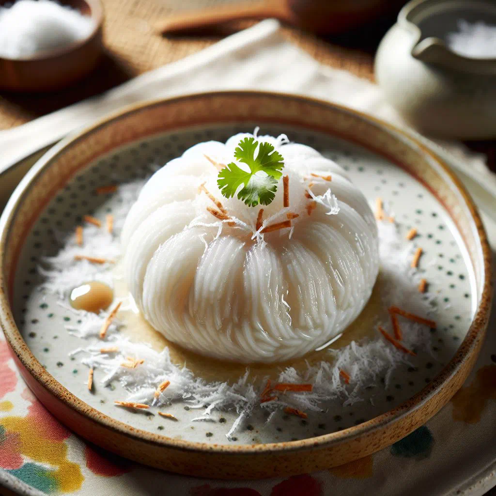 Steamed Thai khanom tom rice balls wrapped in green banana leaves