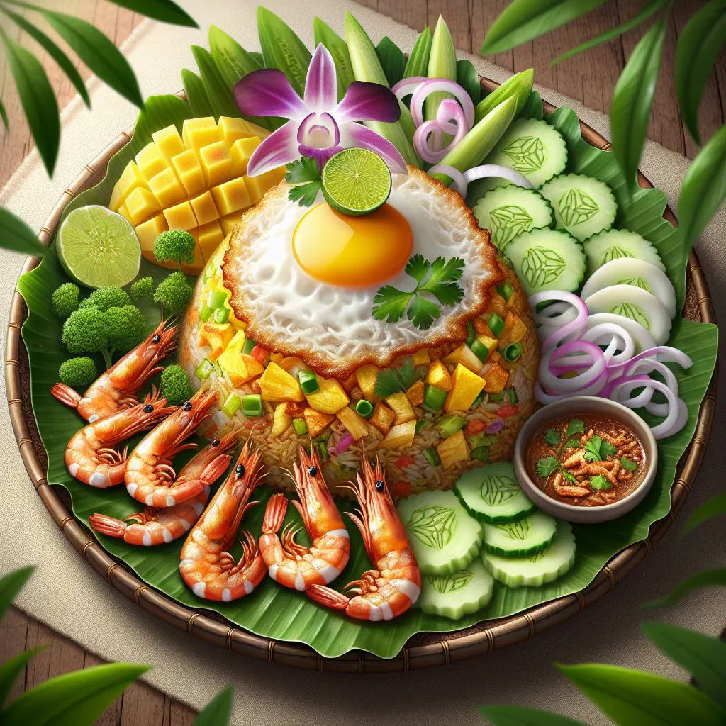 Khao Khluk Kapi shrimp paste rice with fresh vegetable garnishes and lime