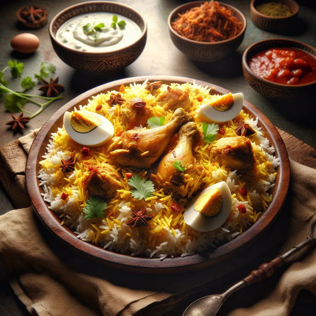 Thai chicken biryani served with fresh coriander and lemon wedges