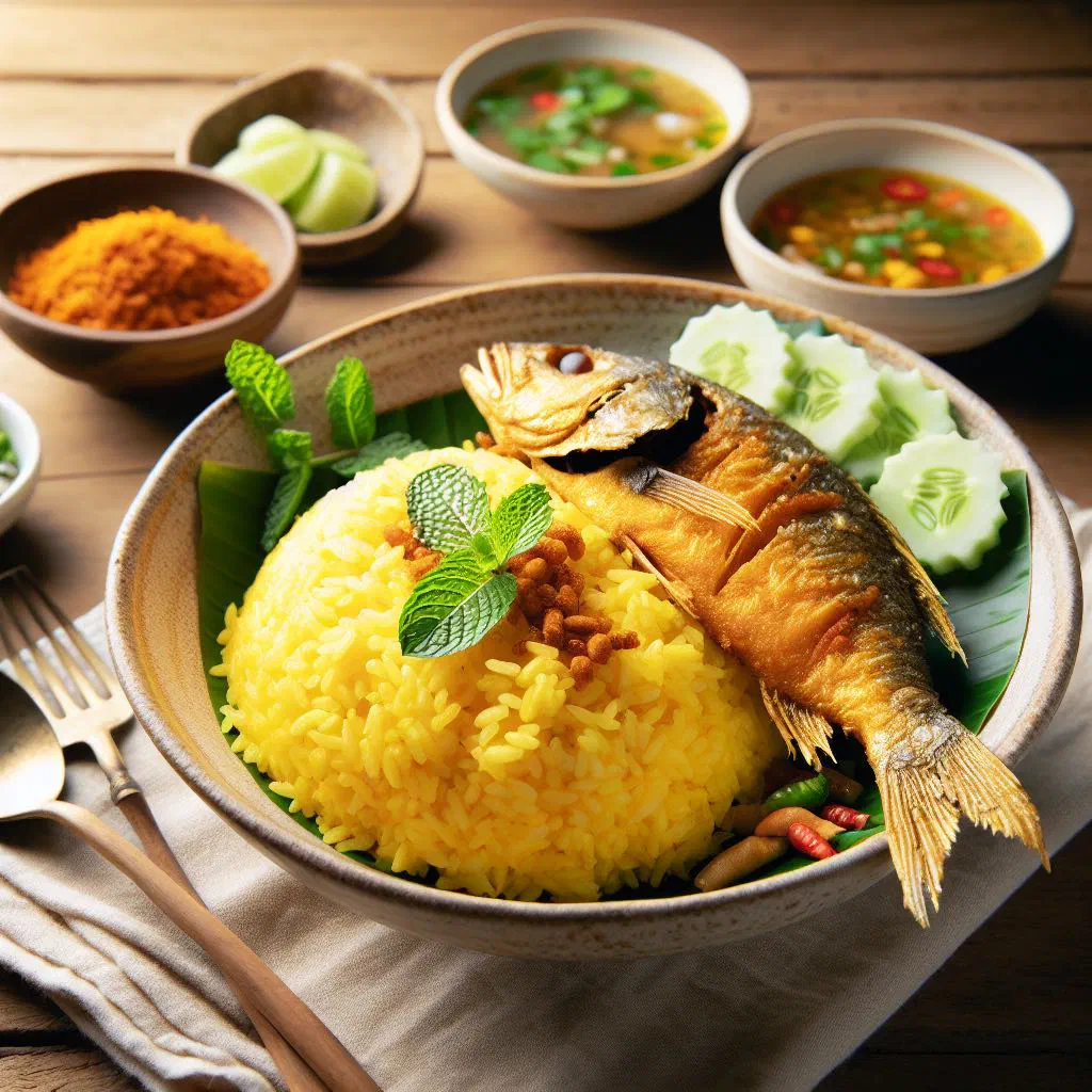 Golden turmeric rice topped with fish and fresh coriander