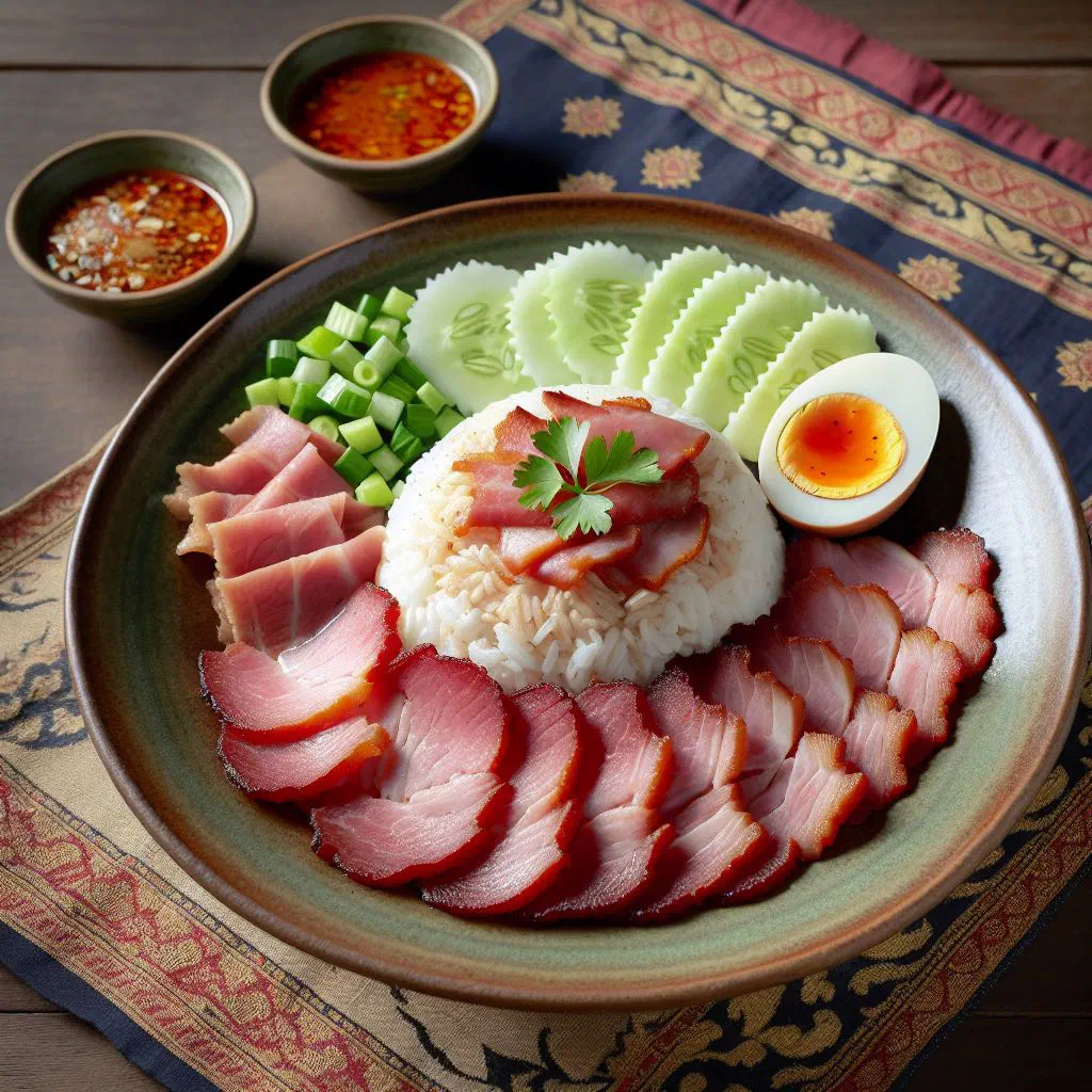 Khao mun moo dang with red pork over jasmine rice, cucumber and coriander
