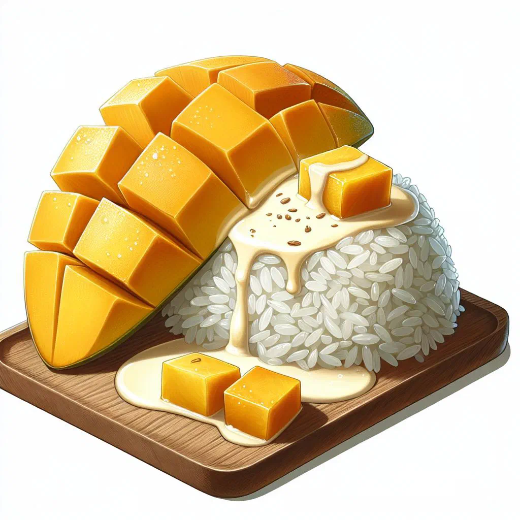 Mango sticky rice topped with coconut sauce and fresh mango slices