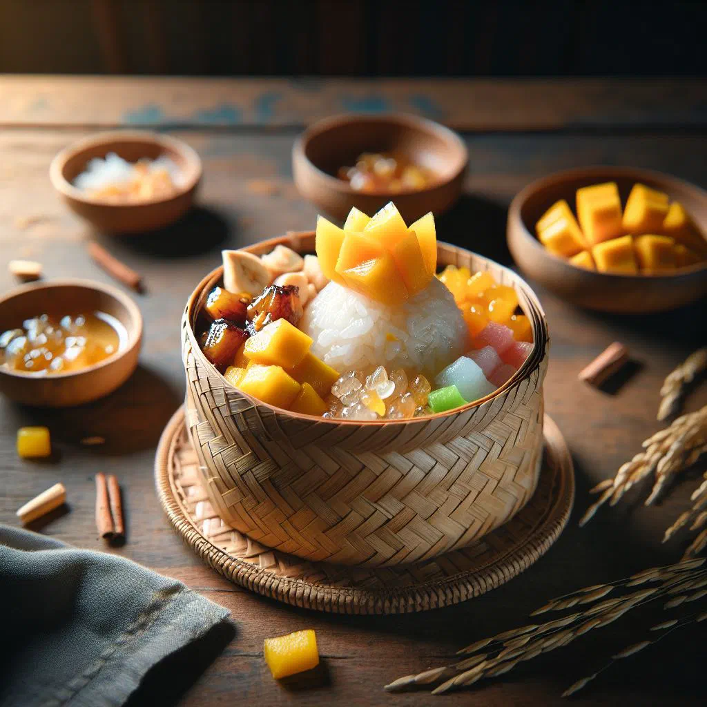 Thai sticky rice dessert with coconut milk and toasted sesame seeds in a bowl