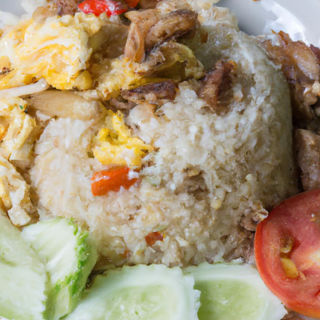 Thai fried rice with chicken, egg and spring onions garnished with coriander and lime