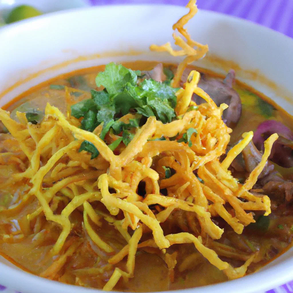 A bowl of khao soi coconut curry noodle soup topped with crispy noodles and lime