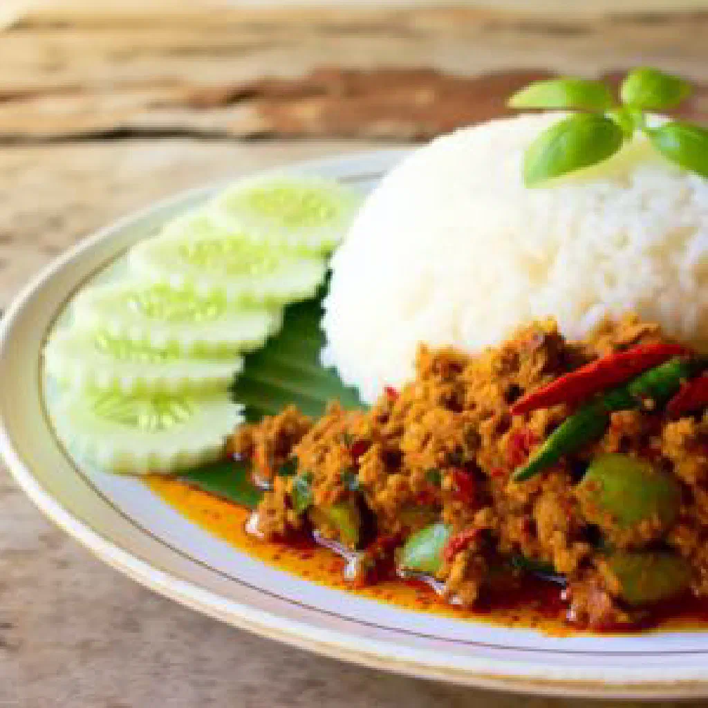 Spicy stir-fried minced pork khua kling moo garnished with fresh herbs