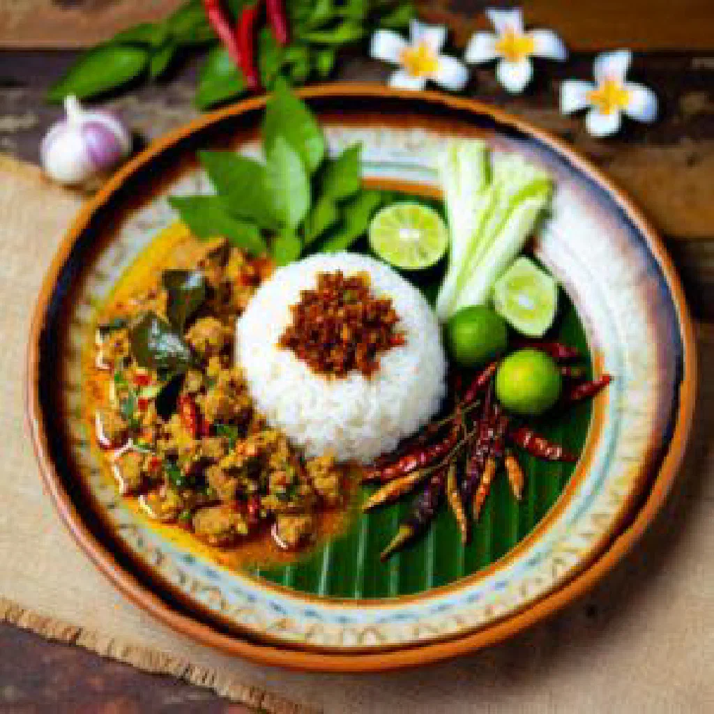 Spicy dry-fried Khua Kling minced pork with red curry paste and kaffir lime leaves