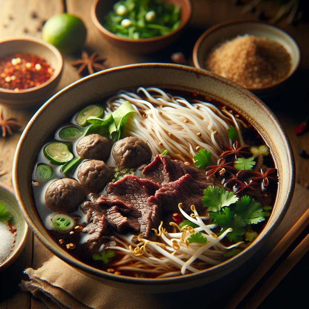 Bowl of Kuay Tiew Nam Tok beef noodle soup garnished with fresh herbs and spring onions