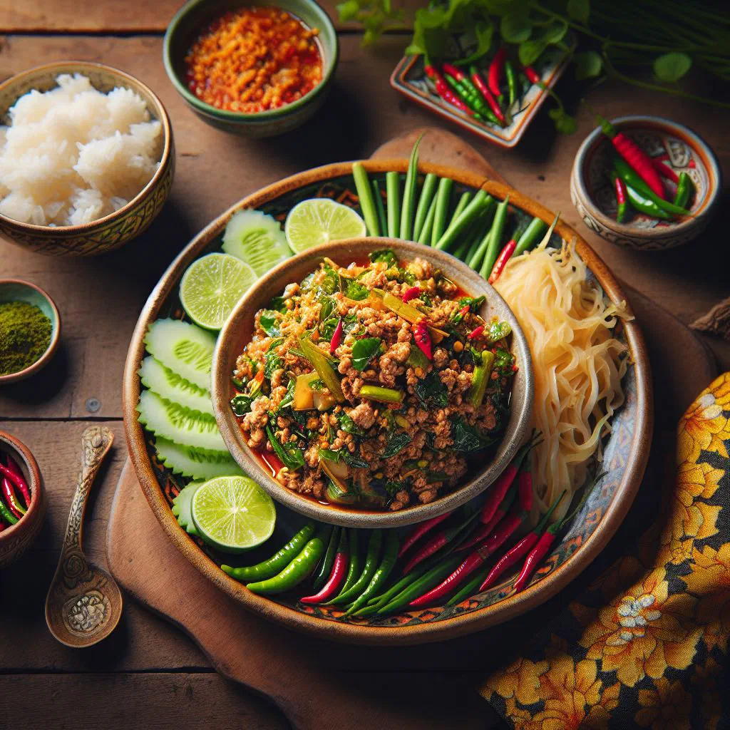 Laab moo minced pork salad with fresh mint and lime on lettuce leaves