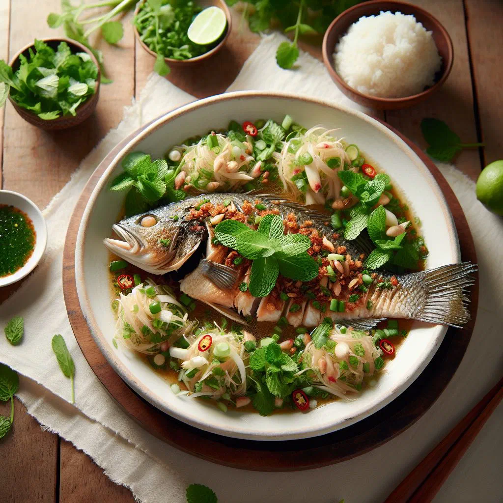 Spicy Thai catfish salad with fresh herbs, chilli and lime