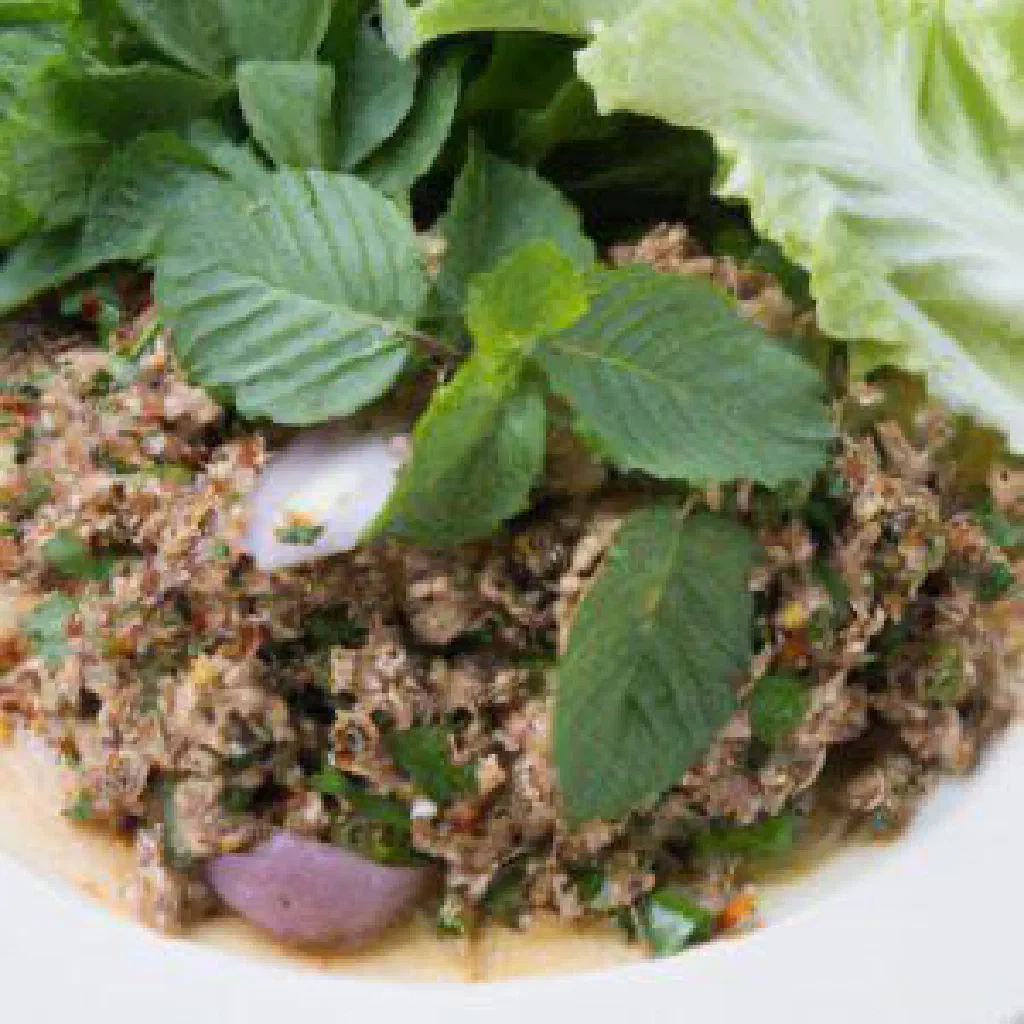 Thai larb minced meat salad with fresh herbs served in lettuce leaves