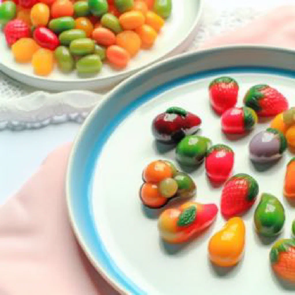 Colourful Look Choup fruit-shaped Thai bean sweets on a plate