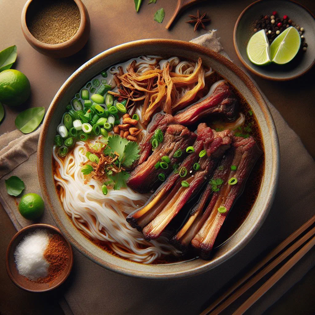 Stir-fried rice noodles with marinated pork and fresh herbs