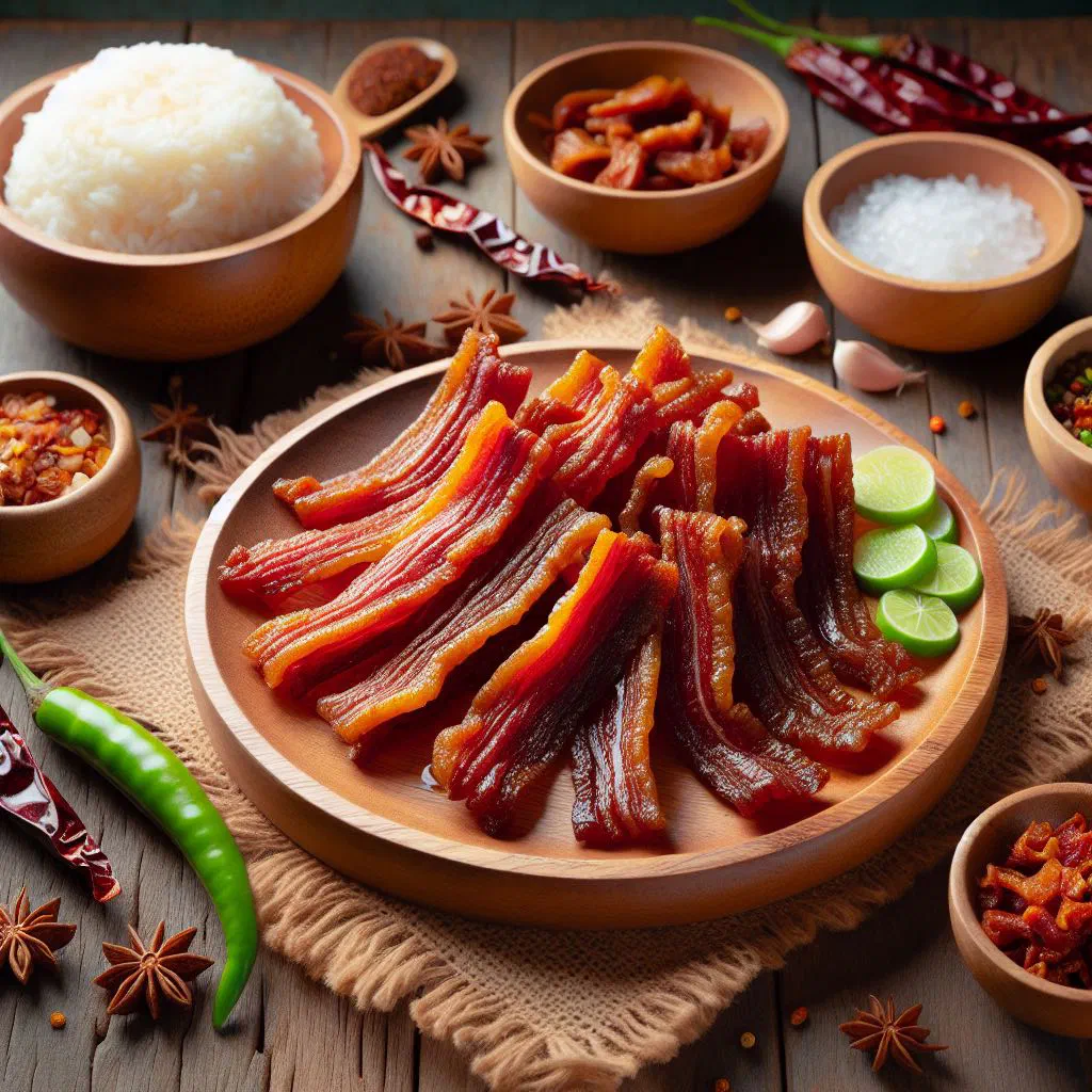 Strips of golden sun-dried pork served on a wooden board with fresh coriander