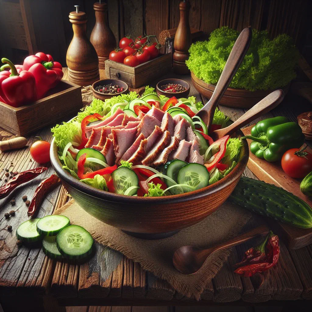 Moo Nam Tok grilled pork salad with fresh herbs and chilli on lettuce leaves