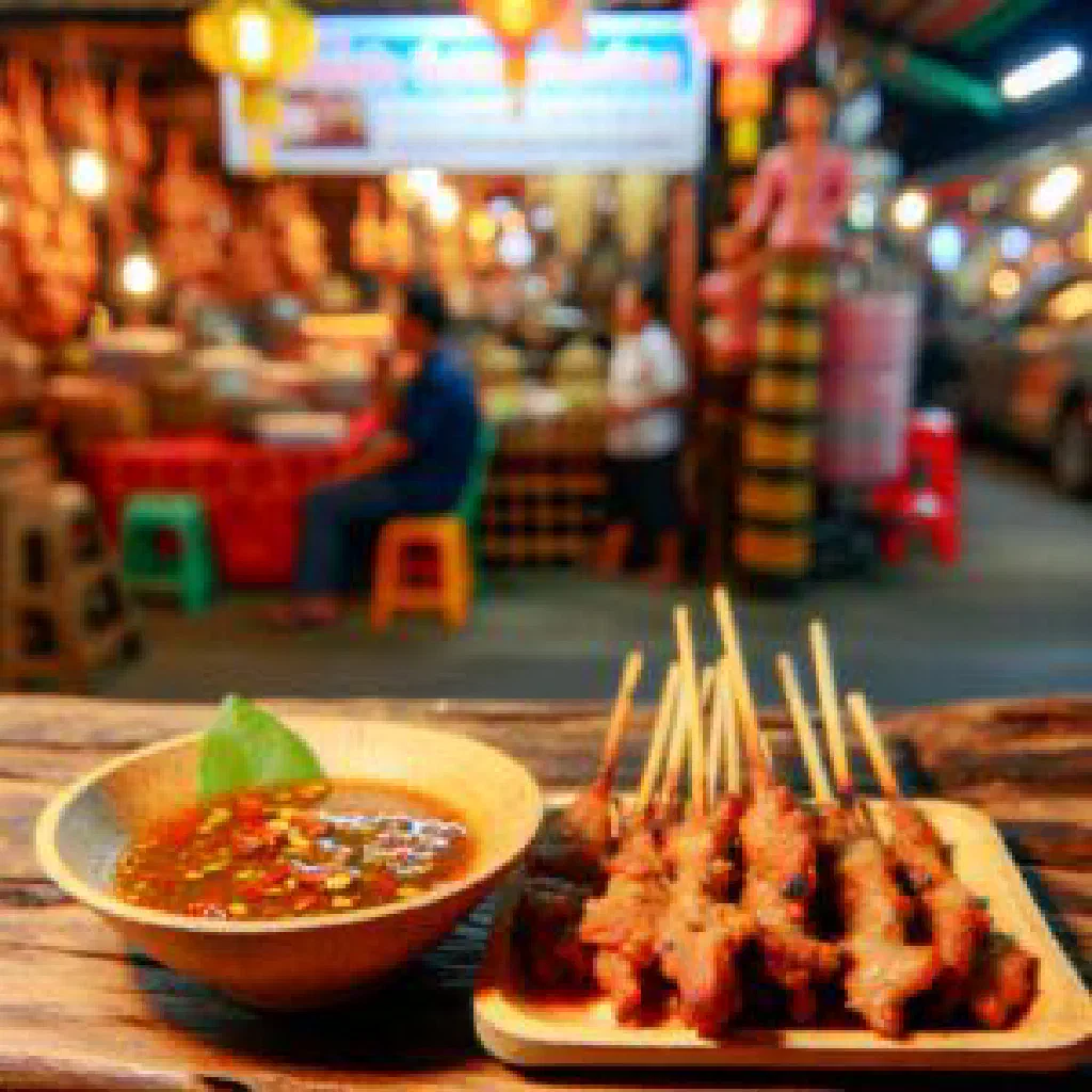Grilled Thai pork skewers glazed and charred, served on bamboo sticks