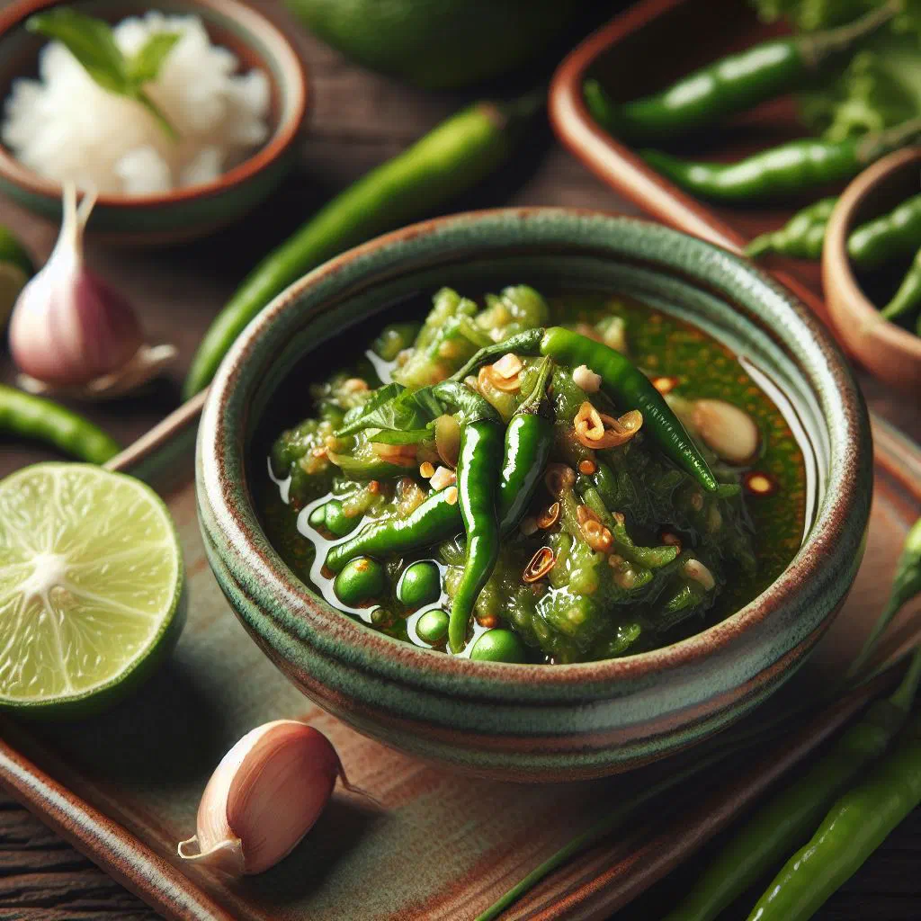 Roasted green chilli dip served in a small bowl with fresh vegetables