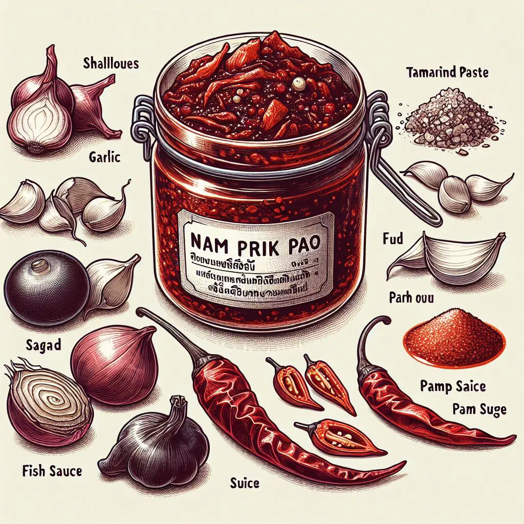 A bowl of dark red Nam Prik Pao chilli paste garnished with fresh coriander