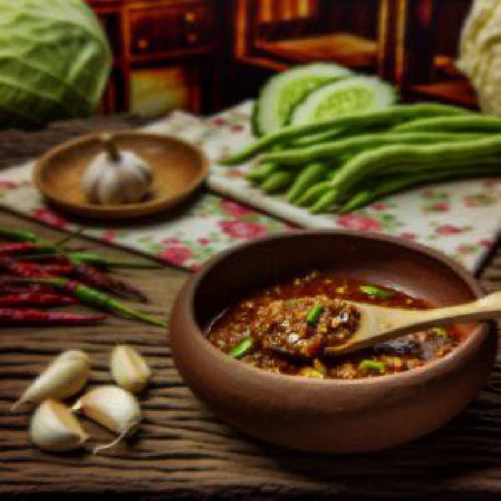 Nam prik pla chilli-fish dip garnished with fresh coriander and lime