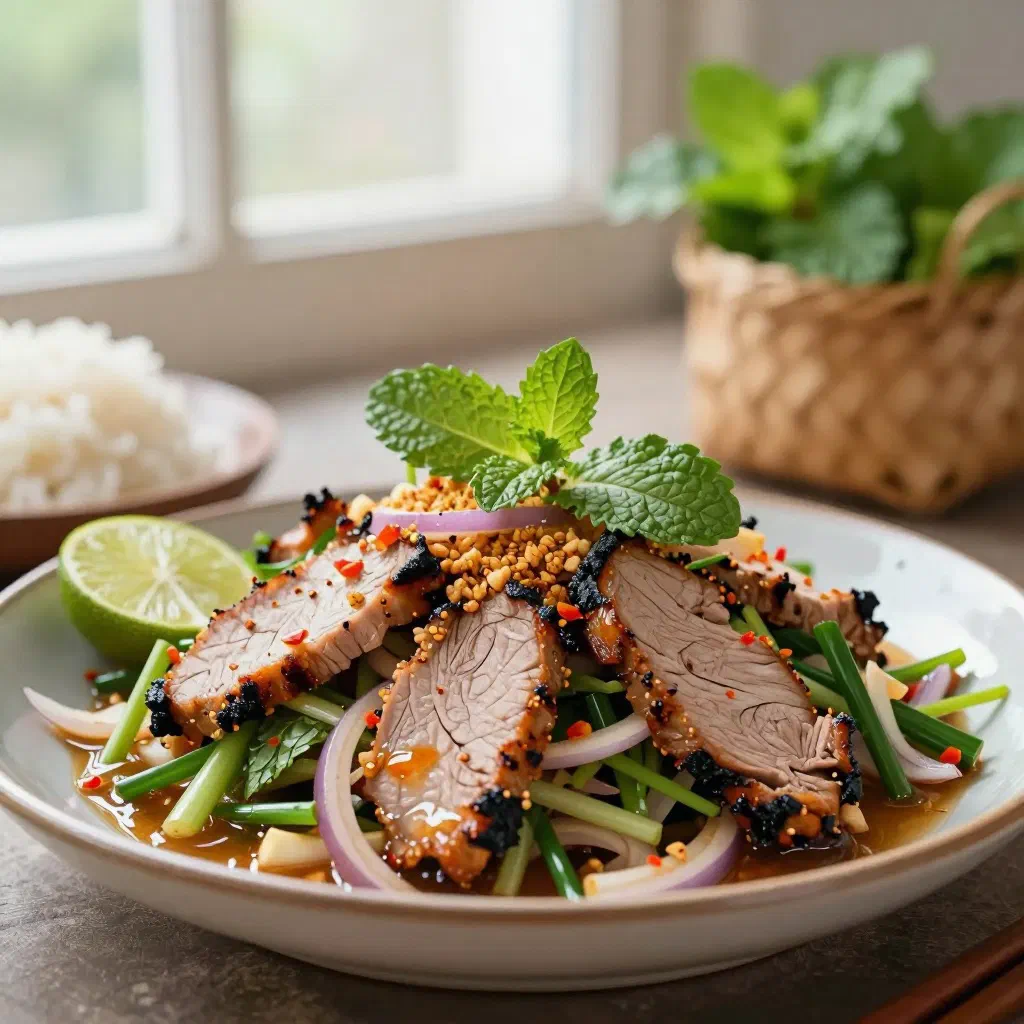 Grilled pork salad with fresh herbs, chilli flakes and lime