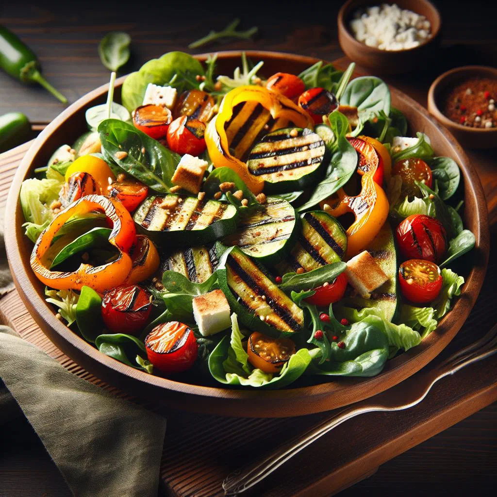 Grilled pork salad with fresh herbs, chilli flakes and lime