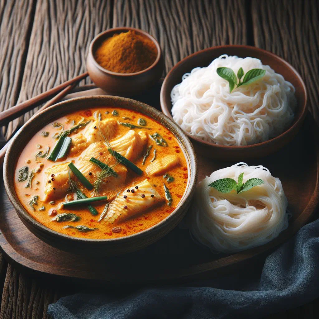 Nam ya pla with pan-fried fish, fresh herbs and steamed rice