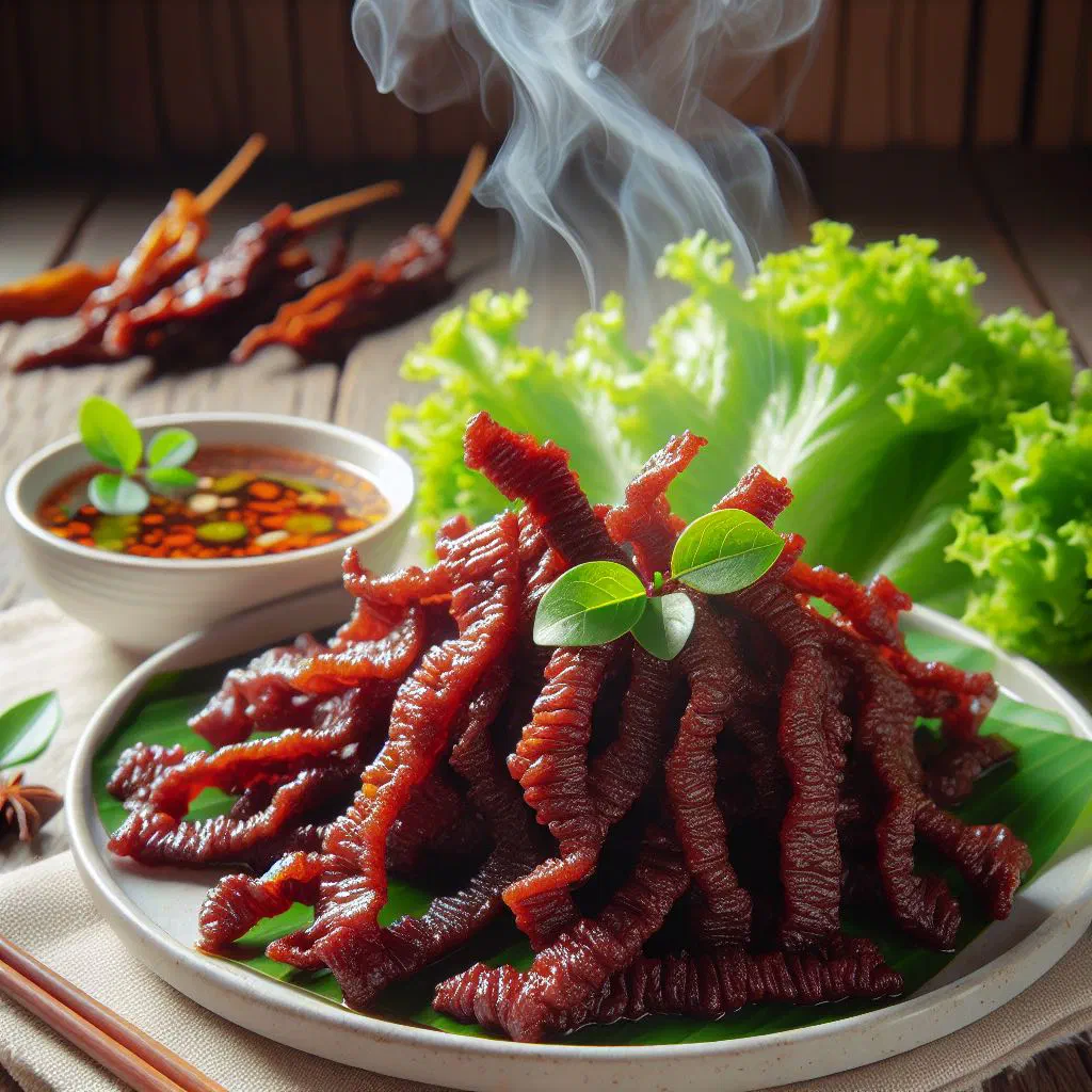 Strips of dried, marinated Thai beef arranged on a plate