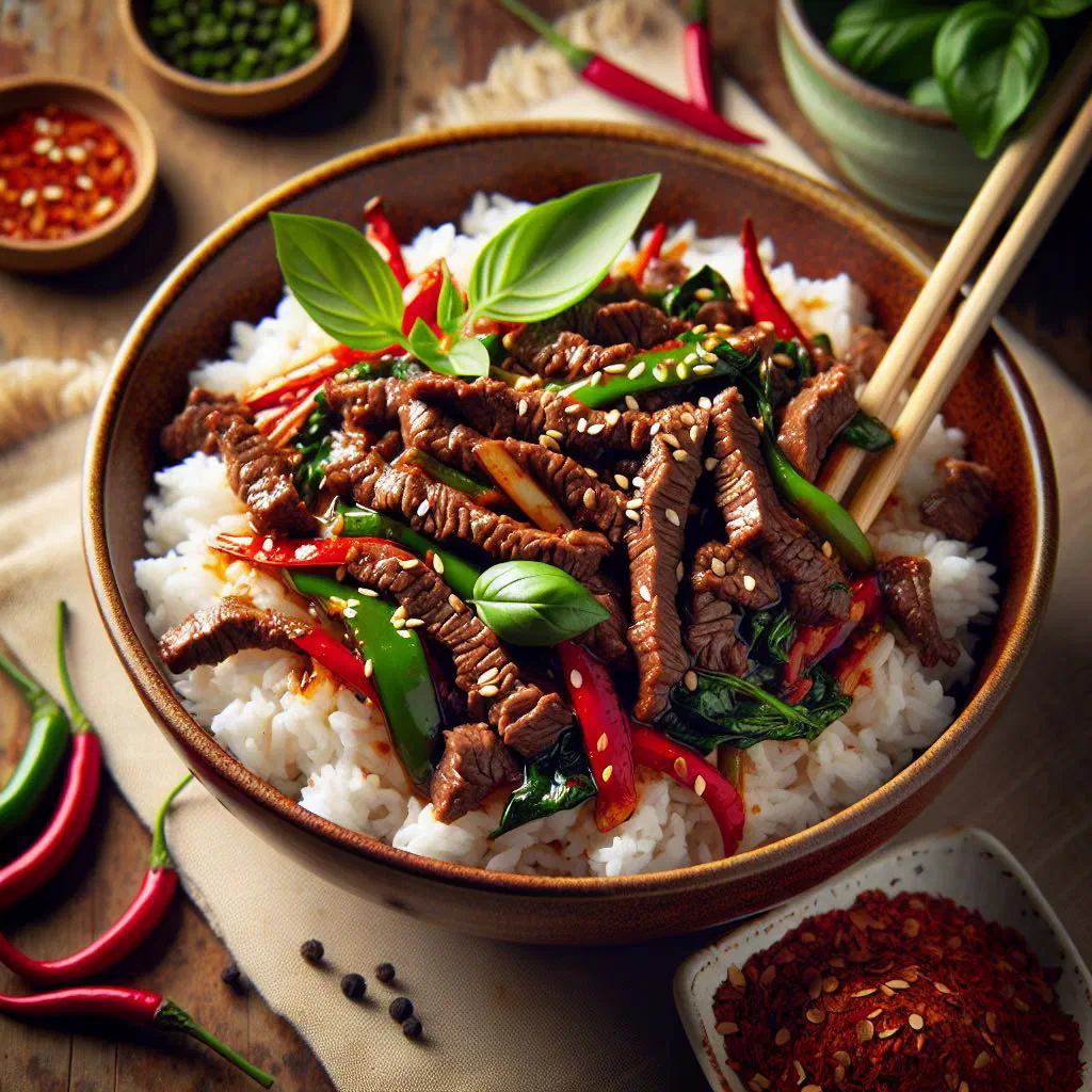 Thai beef stir-fry with peppers, broccoli and chillies garnished with coriander