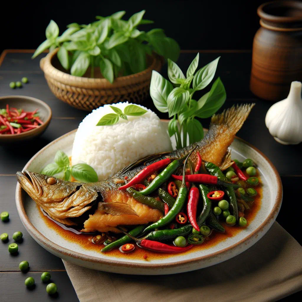 Spicy Thai stir-fried catfish with Thai basil and chillies in a wok