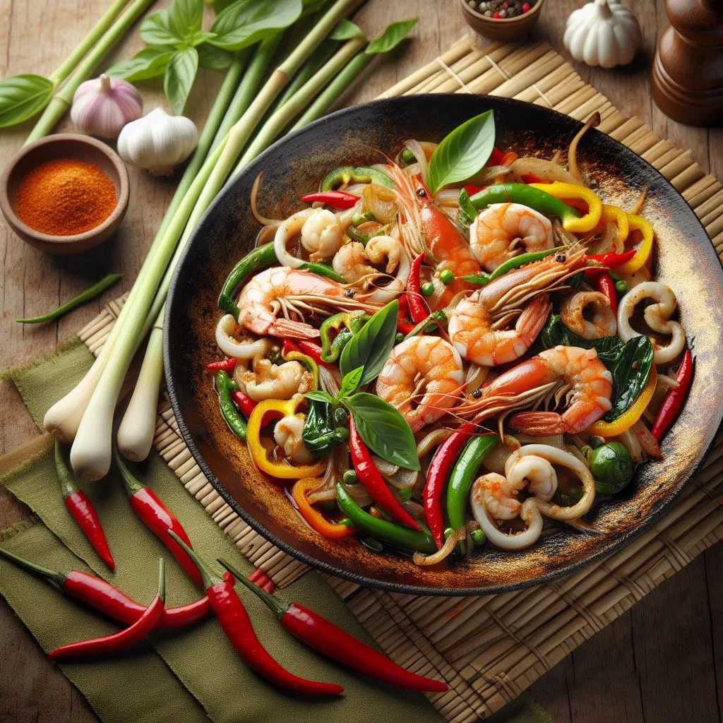 Spicy Thai pad cha stir-fry with meat, vegetables and fresh herbs