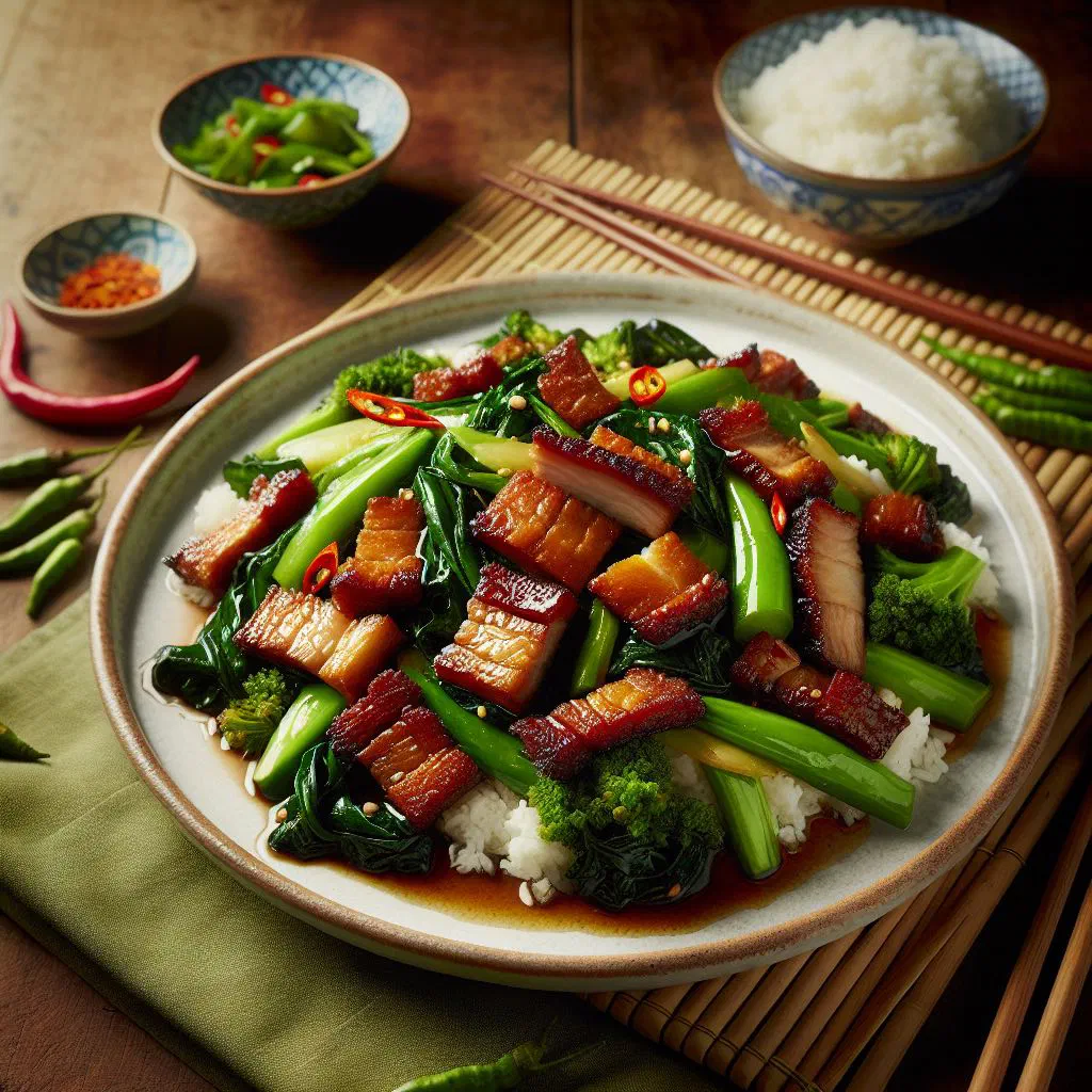 Pad kana moo krob with crispy pork and pak choi garnished with coriander