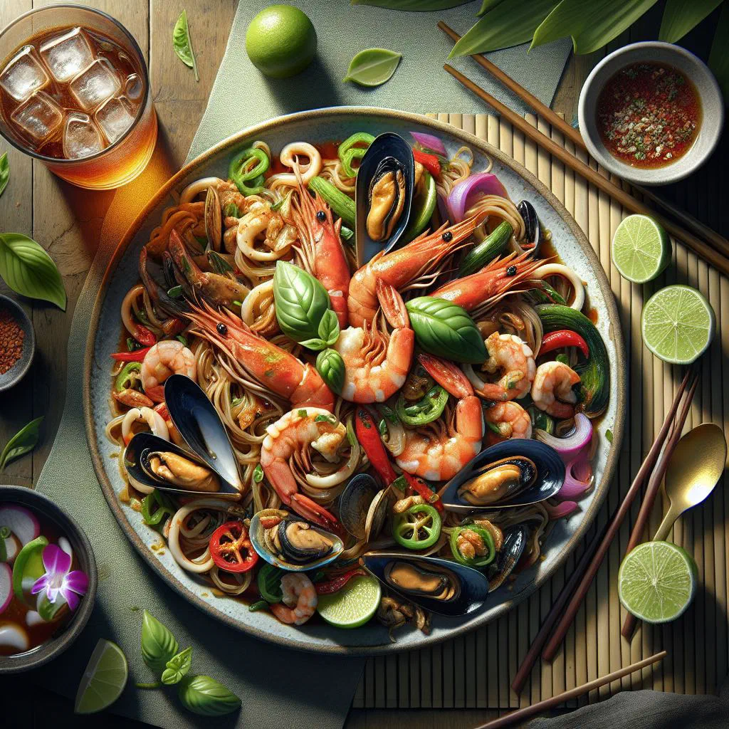 Spicy Thai drunken noodles with seafood, peppers and Thai basil