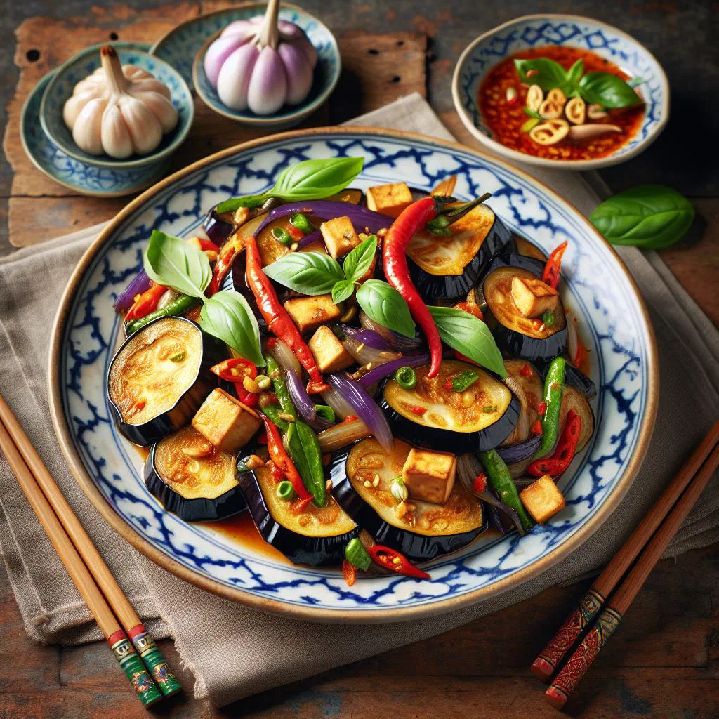 Stir-fried aubergine with rice noodles and fresh herbs in a bowl