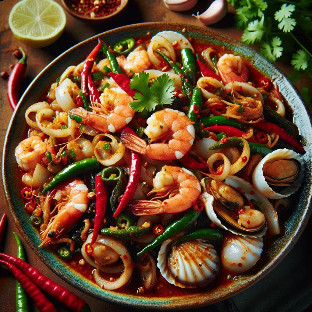 Thai seafood stir-fry with prawns, squid and chilli paste garnished with coriander