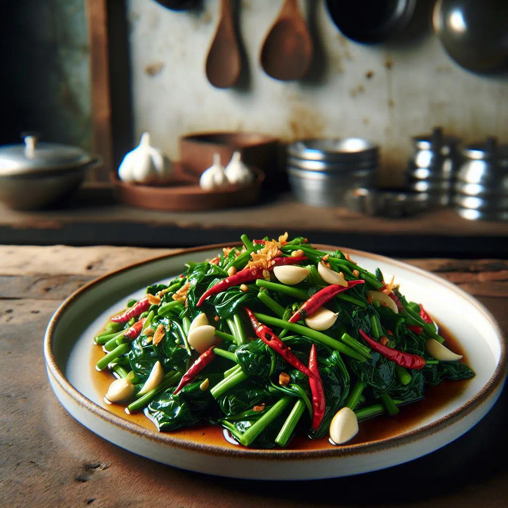 Stir-fried water spinach with garlic and red chillies in a bowl